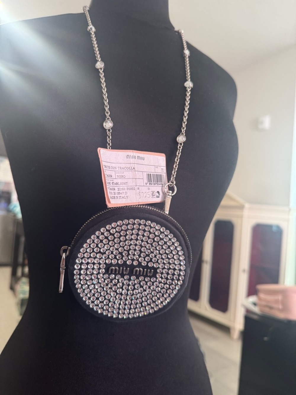 Miu Miu Black Crystal-Embellished Round Shoulder Pouch "Raso Starlight" crossbod